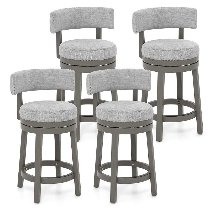 Tangkula Set of 4 Upholstered Swivel Bar Stools Wooden Counter Height Kitchen Chairs Gray, 1 of 9