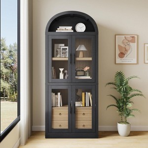 71.4in Arched Bookshelf, Farmhouse Bookcase with Doors and Drawers, Wooden Display Cabinet Rounded Bookcases for Living Room, Kitchen, Office - 1 of 2
