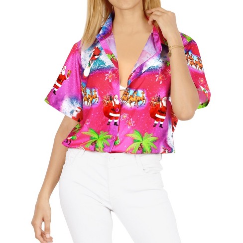 LA LEELA Women's Beach Funny Santa Claus Party Blouse Shirt Tops Button Down Summer Shirts Christmas Hawaiian Blouses for Women - image 1 of 4