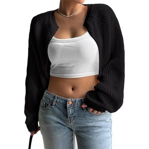Coolmee Women's Plus Size Long Sleeve Open Front Knitted Crop Cardigan Drop Shoulder Knit Bolero Shrug Sweater - 1 of 4
