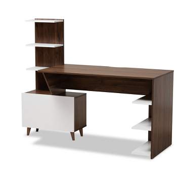 Tobias Two-Tone Wood Storage Computer Desk with Shelves Walnut - Baxton Studio