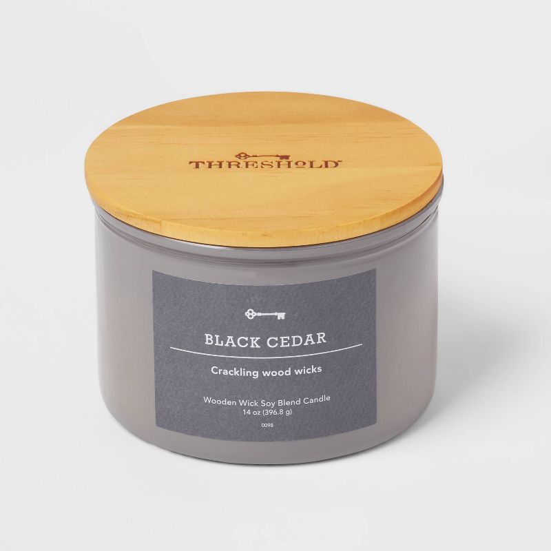 14oz Lidded Gray Glass Jar Crackling Wooden 3-Wick Candle with Paper Label Black Cedar - Threshold&#8482;, 1 of 5