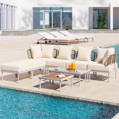 Erica 8-Piece Metal Frame Patio Sectional Sofa Set with 2 Coffee Table, Rattan Outdoor Patio Conversation Set with Cushions - Maison Boucle
