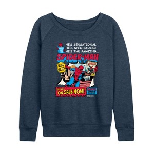 Women's - Marvel - Spider-Man He's Sensational Comic Lightweight French Terry Wide Neck Long Sleeve Graphic Shirt - 1 of 4