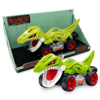 Crazy Truck Motorized Dinosaur, Green Dino Toy Vehicle with Roaring Sounds Kids 3+