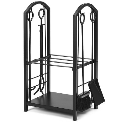 Tangkula Fireplace Log Rack with 4-Piece Fireplace Tools Wrought Iron Storage Logs Holder with Poker Bronze