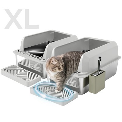 PawHut 2 Pack Stainless Steel Litter Box, Metal Litter Box High Sided, Anti-Urine Leakage, Non-Sticky, with Metal Scoop & Scoop Holder, Light Gray