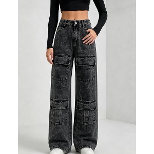 YESFASHION Women High Waist Vintage Washed Multi Cargo Pocket