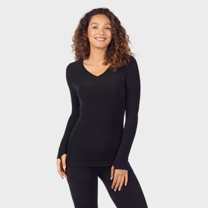 Warm Essentials by Cuddl Duds Women's Textured Fleece Thermal V-Neck Top - Black - 1 of 4