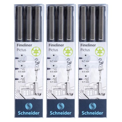 Schneider Pictus Fineliners, Wallet, Black Ink, Assorted Sizes, 3 Per Pack, 3 Packs