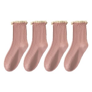 Anna-Kaci Women's 4 Pairs Knit Socks with Ribbed Texture Lace Ruffle Trim Ribbed Cuffs Soft Stretch Fabric - 1 of 4