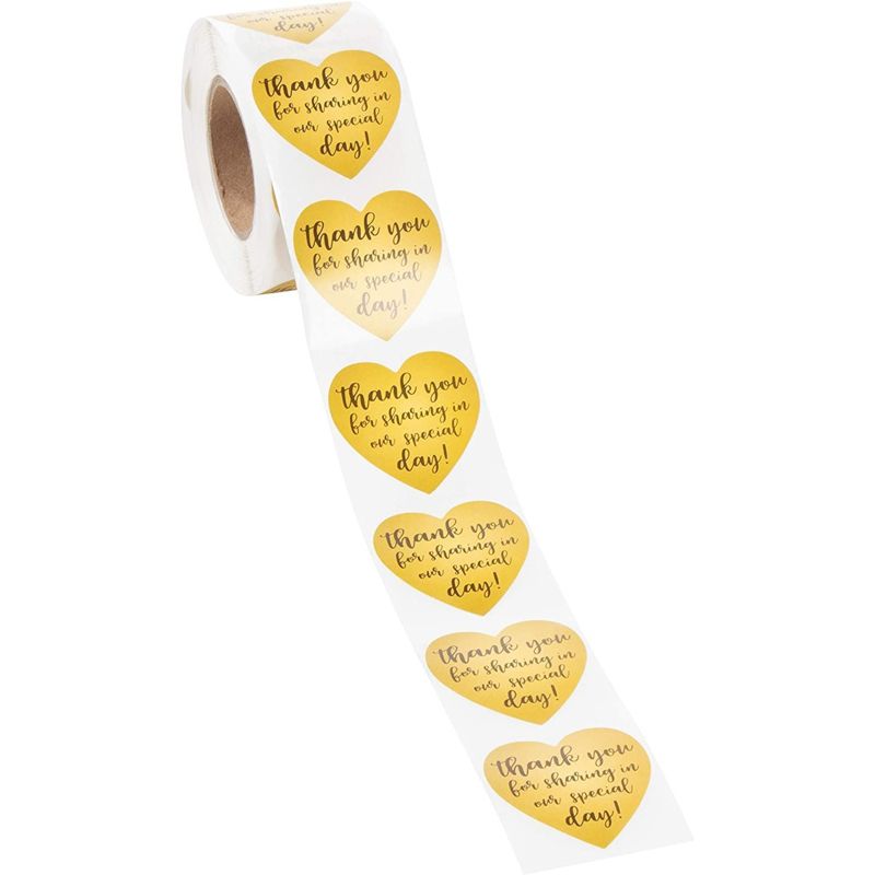 500-Count Wedding Favor Sticker, Thank You for Sharing in Our Special Day, Heart-Shaped, Gold, 1.5" Diameter, 5 of 6