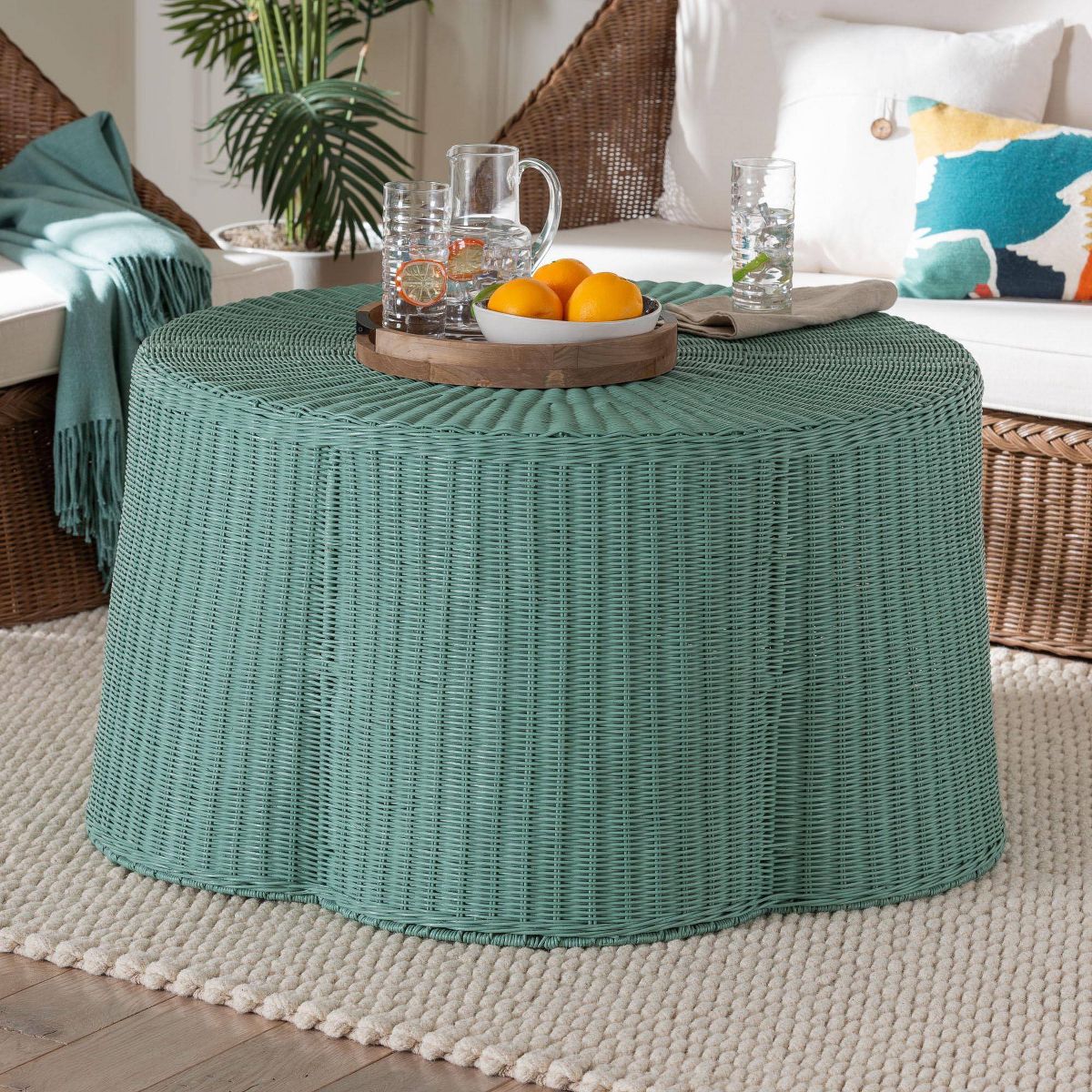 bali & pari Palm Bohemian Scalloped Rattan Coffee Table Seafoam Green - thumbnail 5