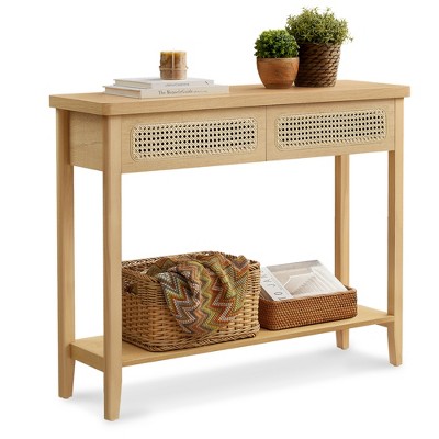 Oak Beige Particle Board Console Table with Storage Drawers