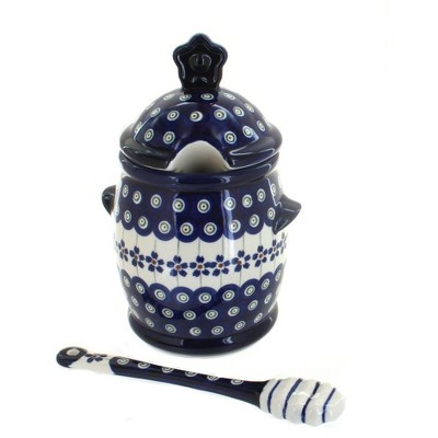  Blue Rose Polish Pottery Flowering Peacock Honey Pot and Dipper 