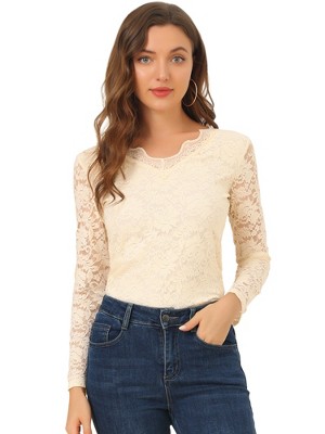 INSPIRE CHIC Women's Floral Embroidery Sheer Long Sleeves Lace Blouse