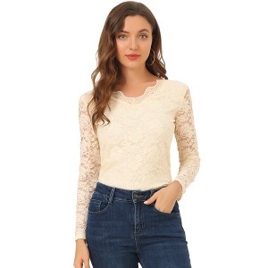 INSPIRE CHIC Women's Floral Embroidery Sheer Long Sleeves Lace Blouse - 1 of 4
