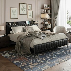 Bed Frame with Charging Station and Soft PU Faux Leather Headboard, Metal Platform Bed Frame, Noise-Free No Box Spring Needed Easy Assembly - 1 of 4