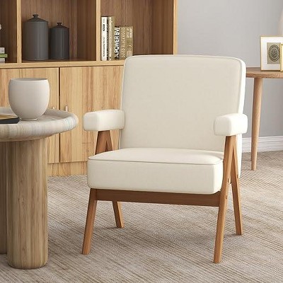 Beige Accent Chair Linen Fabric Upholstered Living Room Chair