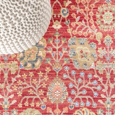 Burgundy and Light Blue Synthetic Floral Area Rug