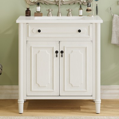 Vynxaria 31" Vintage Bathroom Vanity with Integrated Ceramic Sink, Antique White Finish, Soft-Close Doors, Adjustable Shelves