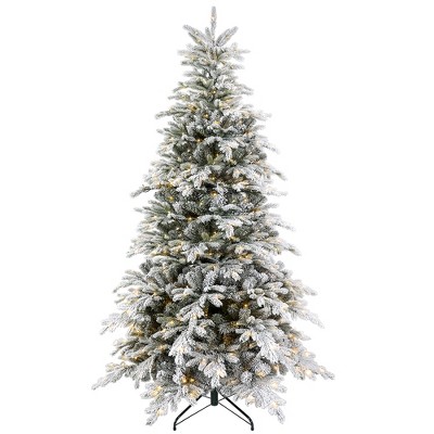 HOMCOM 7ft Prelit Frosted Artificial Christmas Tree with Warm White LED Light, Metal Base, Snow Flocked Branches