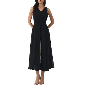 INSPIRE CHIC Women's V-neck Sleeveless Wide Leg Chiffon Cocktail Jumpsuits - 1 of 4