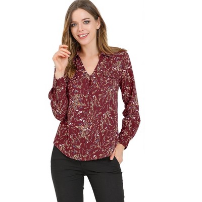 INSPIRE CHIC Women's V-neck Long Sleeve Floral Faux Pocket Blouse