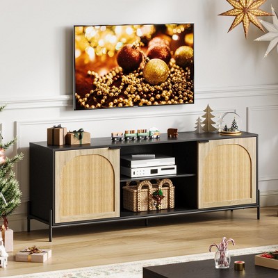 TV Stand  TVs with Storage, Modern Media Console, 2 Rattan Cabinets, Open Shelves, Sturdy Metal Legs