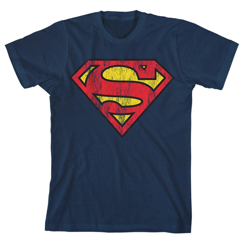 Superman Distressed Logo Youth Boys Navy T-Shirt, 1 of 3