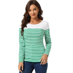 INSPIRE CHIC Women's Color Block Round Neck Long Sleeves Striped Basic T-Shirt - 1 of 4