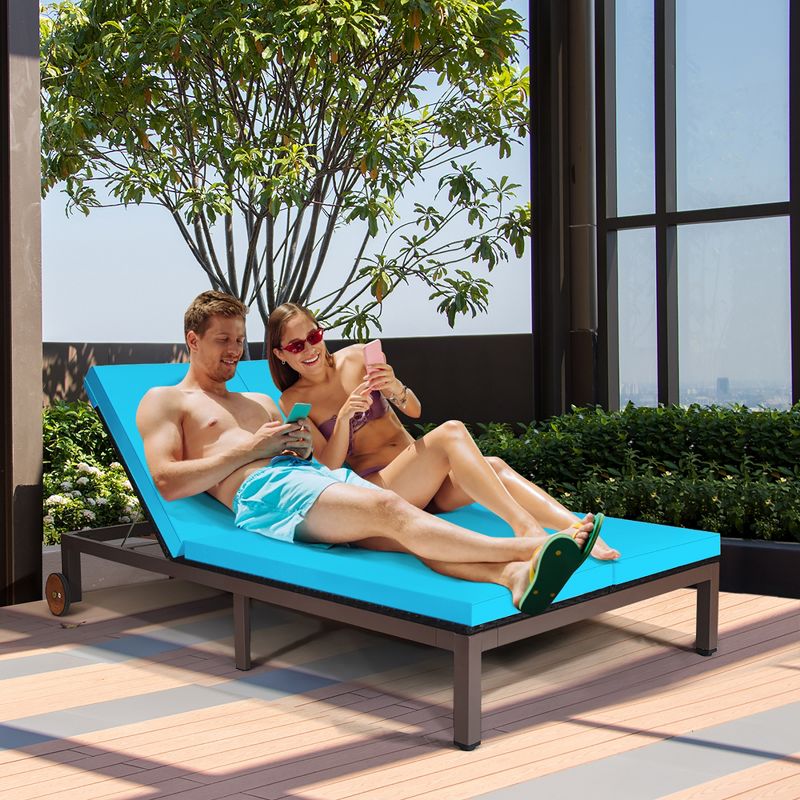 Costway 2-Person Patio Rattan Lounge Chair Chaise Recliner Adjustable Cushion Turquoise, 5 of 11
