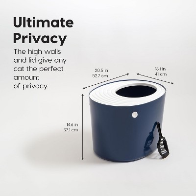 Navy and White Round Top Entry Cat Litter Box with Scoop