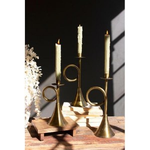 Antique Brass Candle Holders – 2x Set of 3 Trumpet Taper Stands by Kalalou - 1 of 3