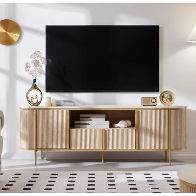 70" TV Stand with Faux Marble Top, Luxury Media Console Table with Adjustable Shelves, Curved Profile Sliding Doors