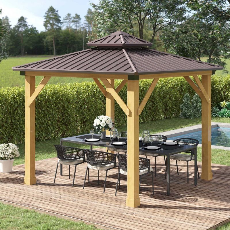 Outsunny 10x10 Hardtop Gazebo with Wooden Frame, Permanent Metal Roof Gazebo Canopy with Ceiling Light Hook for Garden, Patio, Backyard, 2 of 9