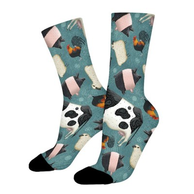 Farm Animals Teal Women Printed Crew Socks Funny Funky Socks Soft Polyester Novelty Gifts for Artists Men