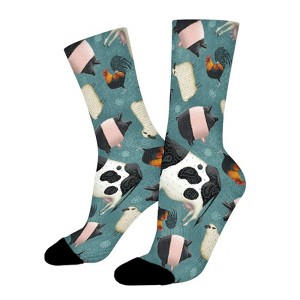 Farm Animals Teal Women Printed Crew Socks Funny Funky Socks Soft Polyester Novelty Gifts for Artists Men - 1 of 1