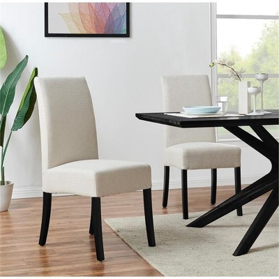 Beige Upholstered Parsons Side Chair with Black Wood Legs