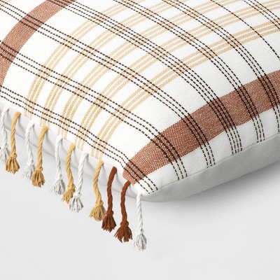 20&#34;x20&#34; Plaid and Tassels Square Outdoor Throw Pillow Rust/Apricot - Threshold&#8482;_3