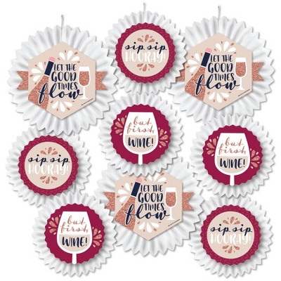 Big Dot of Happiness But First, Wine - Hanging Wine Tasting Party Tissue Decoration Kit - Paper Fans - Set of 9