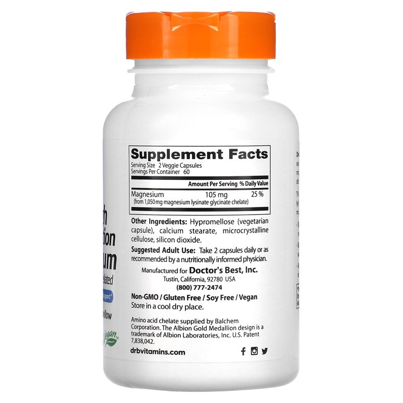 Doctor's Best High Absorption Magnesium, Lysinate Glycinate 100% Chelated, 105 mg per Serving, 120 Veggie Caps, 2 of 3