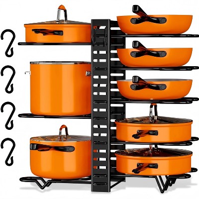Infurnic Kitchen Racks Versatile Pot Rack Organizer with Adjustable Tiers and Secure Lid Holder, for Cookware and Lids, Black, 15.7"*7.9"*10.8"