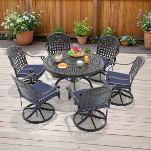 7-Piece Round Cast Aluminum Outdoor Patio Dining Set with Swivel Chairs & Blue Cushions & Umbrella Hole - 1 of 4