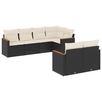 vidaXL 7 Piece Patio Sofa Set with Cushions Black and Cream Poly Rattan