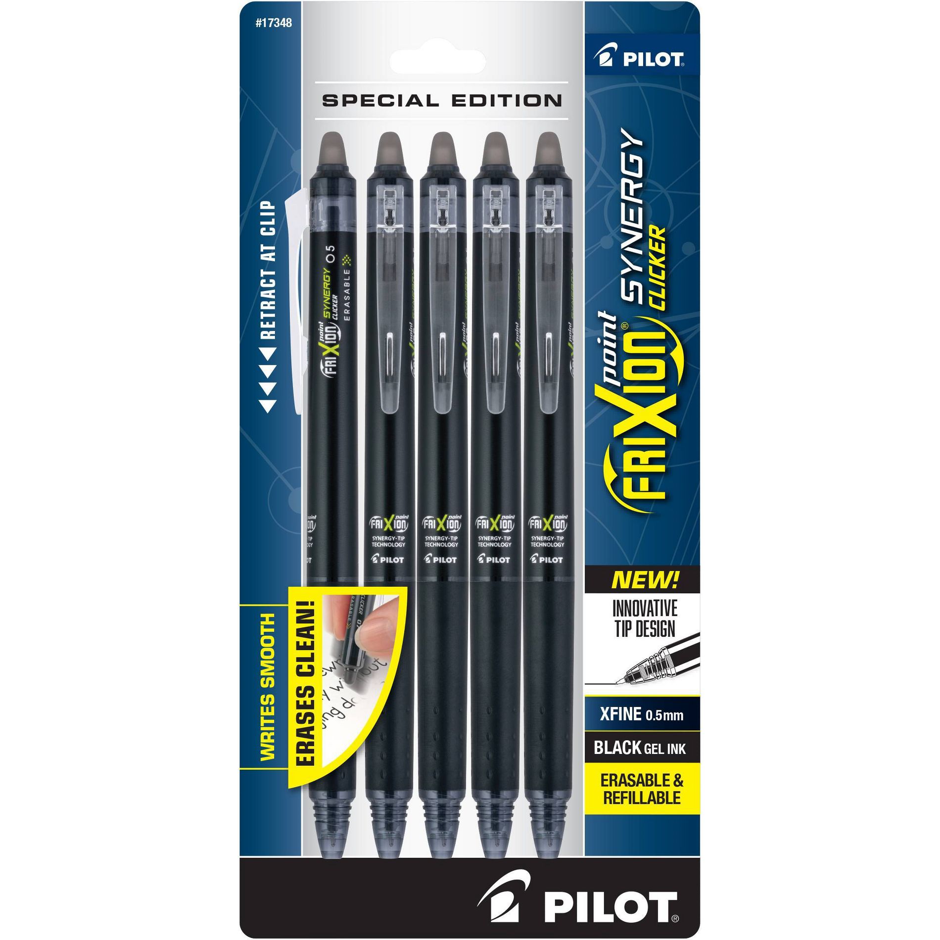 Pilot 5pk FriXion Synergy Clicker Erasable Gel Pens Extra Fine Point 0.5mm Black Ink