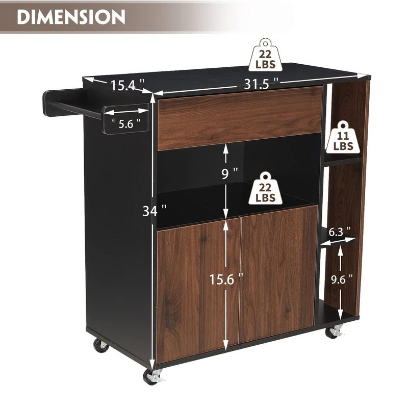 JOMEED Kitchen Countertop Island Cabinet Rolling Cart with Storage Drawers and Towel Rack, for Home, Dining Room, and Living Room, Black/Brown, 2 of 7