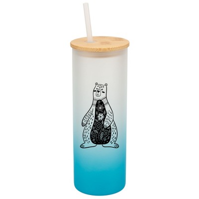 Elanze Designs Floral Bear Sky Blue Frosted Gradient Glass Tumbler with Bamboo Lid & Straw 25 ounce Reusable Iced Coffee or Water Cup, Whimsical