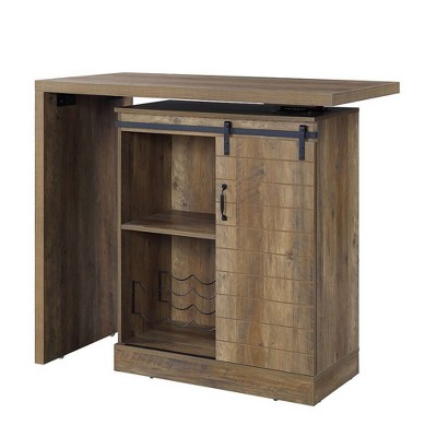 Rustic Oak Farmhouse-Industrial Bar Table with Swivel Top and Wine Rack