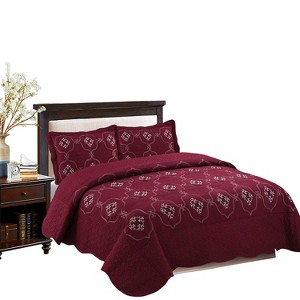 Marcielo 3 Pcs Fully Quilted Embroidery Quilt Bedspread Bed Set Emma - 1 of 4